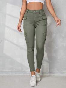 SHEIN Tall Women Tight-Fit Stretchy Denim Workwear Casual  Green Jeans - Army Green - View 5