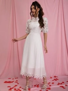Eilly Bazar Summer Elegant Solid Color Hollow Out Embroidered Puff Sleeve Dress - White - View 6