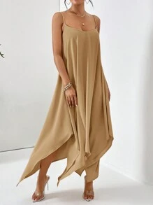 SHEIN Essnce Vestido cami casual con dobladillo pañuelo y unicolor para el verano - Caqui - Ver 5