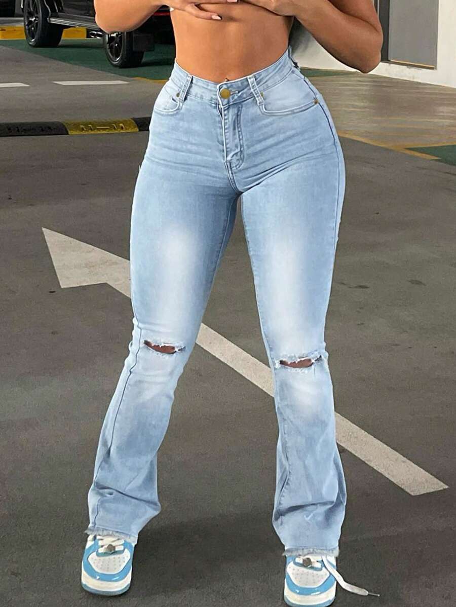 American Style Women Casual All-Match Flared Pants - Light Wash - View 1