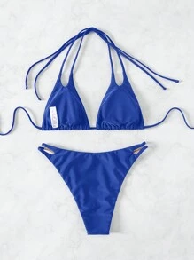 SHEIN Swim 夏季沙灘女性純色頸掛頸帶比基尼套裝 - 寶藍色 - 查看 5