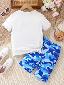 Tween-Mädchen lässig Cartoon Charakter Muster Rundhals Kurzarm T-shirt Und Camouflage Shorts Sommer Outfits Set