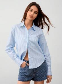 Forever 21 Áo Sơ Mi Tay Dài Thắt Eo Sọc Xanh Hồng - Nhiều màu - Xem 5