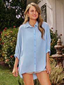 SHEIN LUNE Chemise en vrac versatile décontractée pour femme, de couleur bleue - Bleu azur - Voir 3