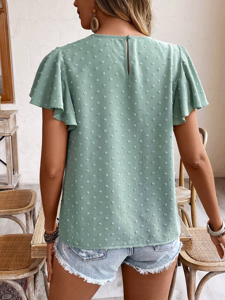 Ladies' Green Jacquard Texture Fabric Tie Waist Shirt Summer Casual Christmas