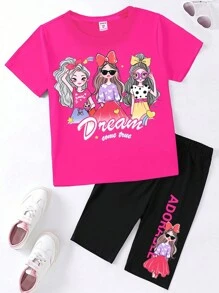 Tween Girl 2pcs/Set Summer Casual Letter & Cartoon Print Short Sleeve T-Shirt & Shorts