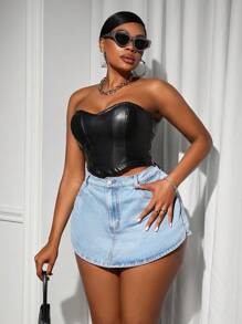 Slaydiva Skort sexy din denim non-stretch, la modă și versatilă - Albastru - Vizualizare 6