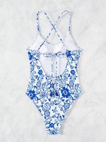 SHEIN Swim Summer Beach Plant Print Crisscross Back One Piece Swimsuit