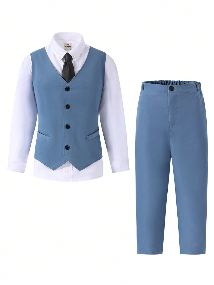 SHEIN Teen Boy 2-Piece Elegant Business Style Blue Vest Gentleman Suit Set Including 1 Vest And 1 Pants - Blue - View 1