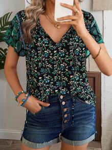 EMERY ROSE 夏季休閒短袖襯衫，藤蔓與花卉印花拼布設計 - 黑色 - 查看 3