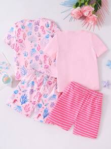 小女孩海洋動物印花圓領緊身T恤和短褲4件套家居服裝組合 - 淺粉色 - 查看 2