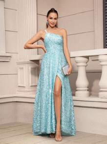 SHEIN Belle Espectacular y elegante vestido de noche para mujer en tela turquesa-verde con cuentas, diseño de un solo hombro y abertura alta, presentando una amplia falda en línea A y una pequeña cola (Industria pesada) - Azul menta - Ver 1