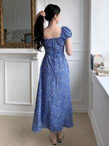 DAZY 女士印花中长连衣裙，侧开衩花卉图案，挤奶女工连衣裙，度假装扮 - 藍色 - 查看 5