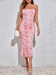 SHEIN Tall Floral Print Pleated Lettuce Edged Netting Bodycon Pink Cami Dress For Summer - Pink - View 1