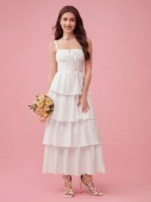 Enchnt Women Holiday Sundress Summer Spring Bow Chest Wrinkles Tie Multi-Layer Ruffled Hem Long Suspender White Prom Dress With Elegant And Romantic - White - View 12