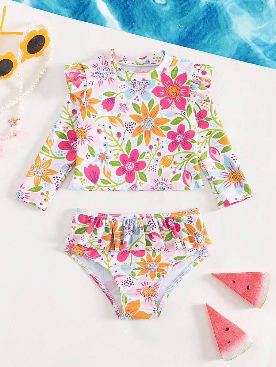 Young Girl Floral Printed Split Long Sleeve Swimwear With Swim Shorts