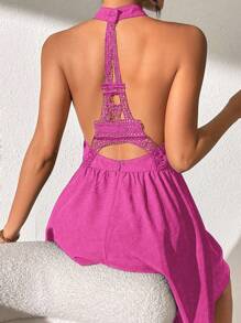 SHEIN Privé Women's Eiffel Tower Patchwork Lace Backless Halter Neck Dress - Hot Pink - View 1