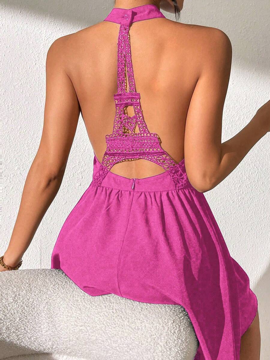 SHEIN Privé Women's Eiffel Tower Patchwork Lace Backless Halter Neck Dress - Hot Pink - View 1