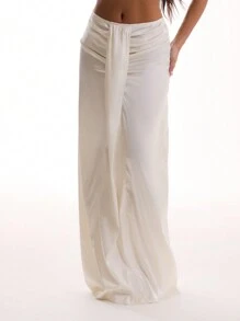 MUSERA Satin Drape Front Maxi Skirt Boho Summer Cute Vacation Elegant Ibiza Party Holiday - White - View 1