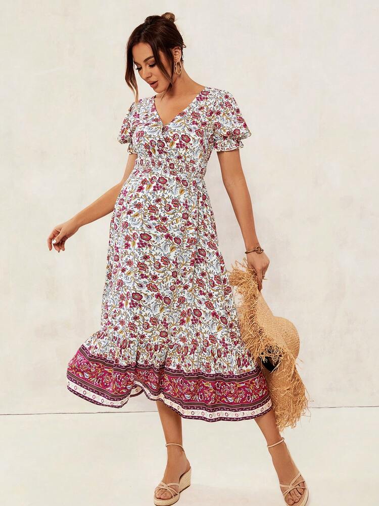 Maternity Romantic V-Neck Short Sleeve Elegant Mid-Length Dress