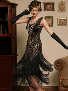 Vestido Largo De Flecos Gatsby, Vestido Con Flecos Y Lentejuelas De Los Años 20 Para Mujer Sin Mangas - Negro - Ver 1