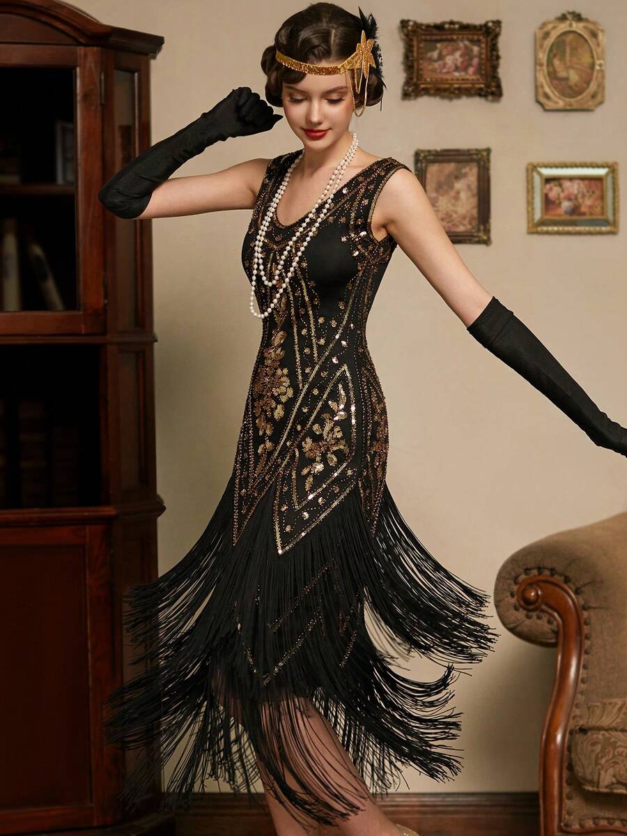 Vestido Largo De Flecos Gatsby, Vestido Con Flecos Y Lentejuelas De Los Años 20 Para Mujer Sin Mangas - Negro - Ver 1