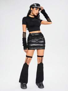 ROMWE Grunge Punk 女性鑲釘腰帶修身迷你裙 - 黑色 - 查看 2
