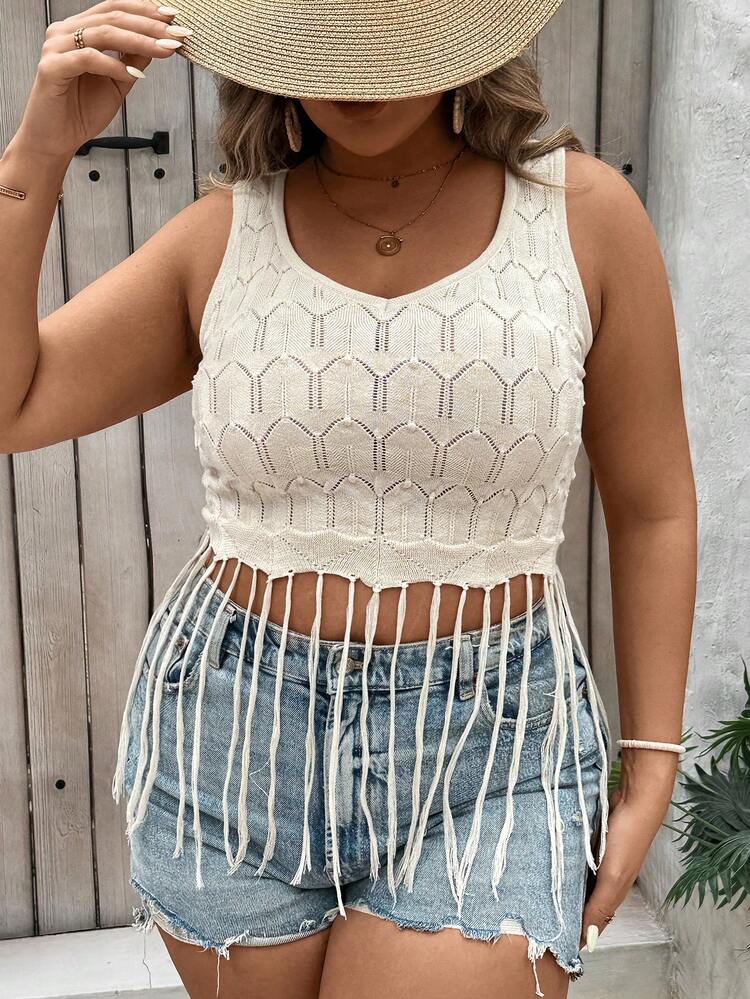 Plus Size Hollow Knit Fringed Hem Crop Summer Vacation Tank Top