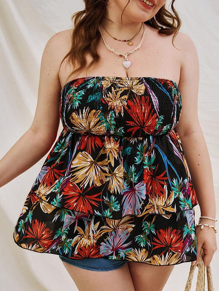 Plus Size Vacation Plant Print A-Line Ruffled Wrapped Strapless Top