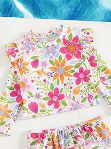 Young Girl Floral Printed Split Long Sleeve Swimwear With Swim Shorts