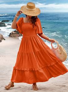 Breezaya Plus Size Women Seaside Vacation Square Neck Ruffle Short-Sleeve Textured Cutout Long Dress