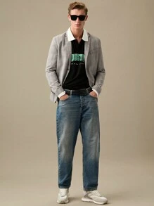 Manfinity VCAY 男式棉质字母图案撞色边饰 Polo 衫，返校季 - 黑色 - 查看 5