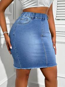 SHEIN SXY Plus Size Denim Độ đàn hồi cao Váy dài đến đầu gối đa năng thông thường - Màu xanh lam - Xem 2