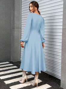 SHEIN Essnce 女性春夏季純色圓領燈籠袖優雅寬鬆洋裝 - 淺藍色 - 查看 2