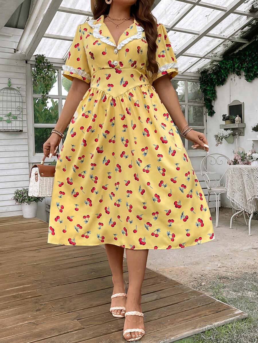 SHEIN Clasi 女士櫻花印花大碼連衣裙，蕾絲修飾裝飾 - 黃色 - 查看 1