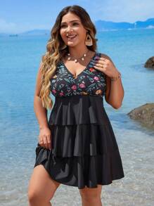 Swim Lushoire Plus Size Flower Print Patchwork Beach Tankini Bathing Suit Set,Summer Beach