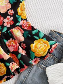 Soleia Women\ Floral Printed Ruffle Trim Summer Shirt - Black - View 5
