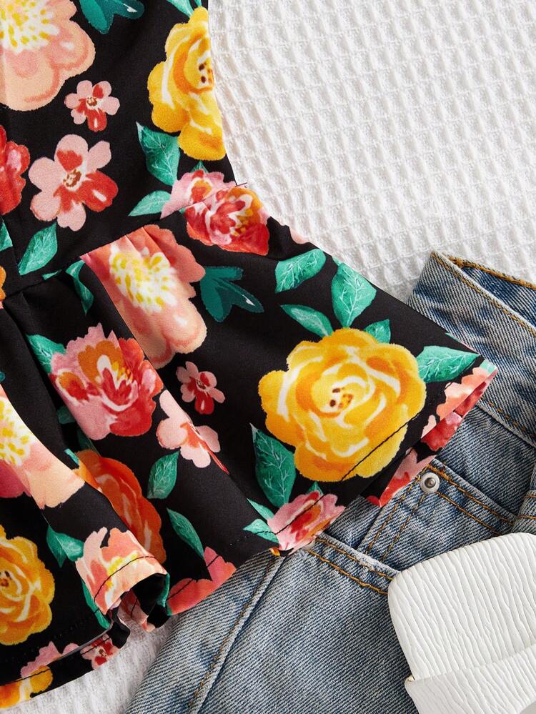 Women\ Floral Printed Ruffle Trim Summer Shirt