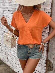 EMERY ROSE 女士簡約日常短袖V領襯衫 - 橘色 - 查看 4