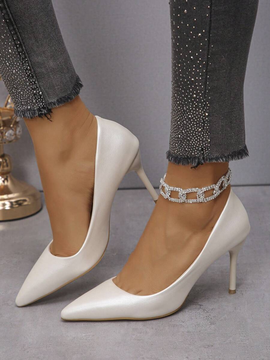 女士新款白色高跟鞋，白色婚鞋 - 白色 - 查看 1