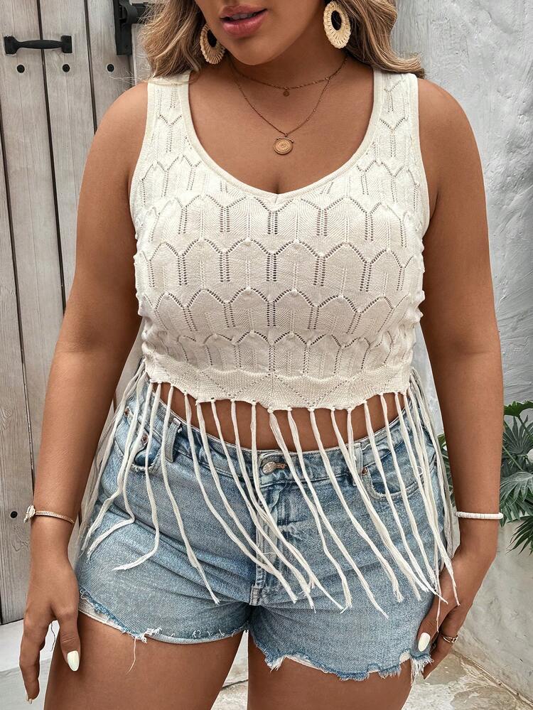 Plus Size Hollow Knit Fringed Hem Crop Summer Vacation Tank Top