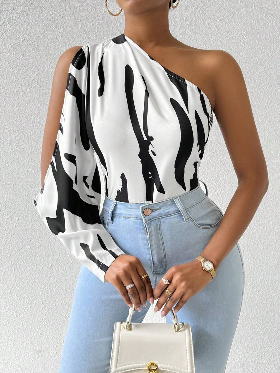 SHEIN Slayr Women Summer Loose Casual Shirt With Patterns Printed, Open Shoulder, Split Long Sleeve - Multicolor - View 1