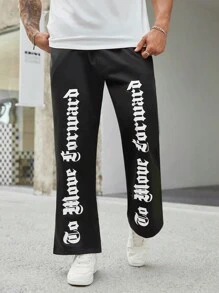 Manfinity LEGND Men Plus Size Letter Print Drawstring Waist Slant Pocket Sports Leisure Straight-Leg Sweatpants - Black - View 6