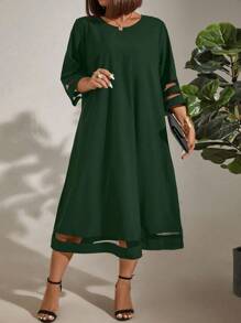 EMERY ROSE Plus Size Women Solid Color Simple Round Neck Dress Women Outfit - Dark Green - View 1