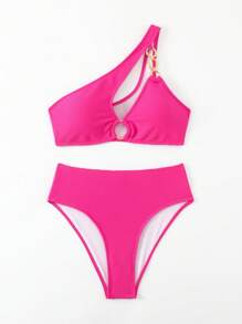 SHEIN Swim Bộ bikini tách biệt màu trơn rỗng dành cho kỳ nghỉ, bãi biển mùa hè - Màu Hồng Tươi - Xem 6