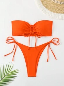 SHEIN Swim 實心打結前扣頸無肩帶比基尼泳衣套裝，適用於夏季海灘度假 - 橘色 - 查看 6