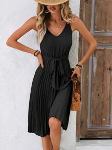 SHEIN Frenchy Ladies' Solid Color Pleated Hem Cami Wedding& Long Summer Dress Black Casual - Black - View 6