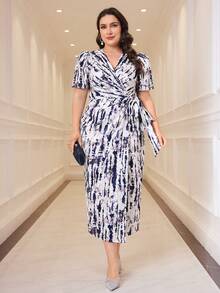 Modelyn 大碼女性夏季優雅重疊V領腰帶短泡泡袖連衣裙 - 彩色 - 查看 2