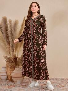 Al Najma 大尺碼女裝春夏季植物印花拼接緞帶長袖簡約洋裝 - 軍綠色 - 查看 6