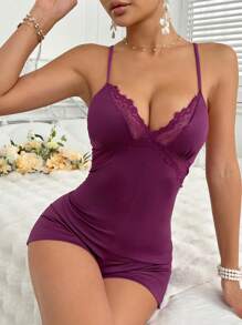 女性性感時尚蕾絲修邊連身睡衣 - 中紫紅色 - 查看 5